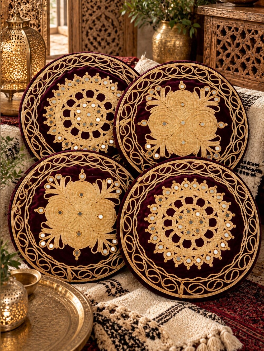 VTG Burgundy Velvet Gold Embroidered Round Pillow Covers Mirror Shisha Set of 4